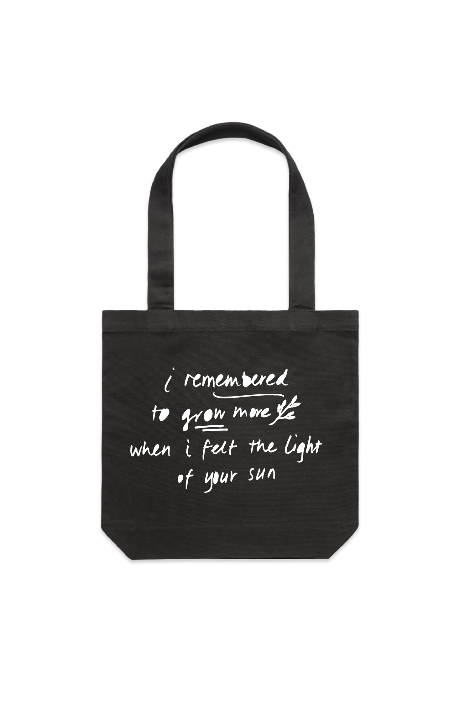 Kav Temperley Family Domestic Violence social enterprise charity Charcoal Tote Bag with the words 'I remembered to grow more when I felt the light of your sun' in white.